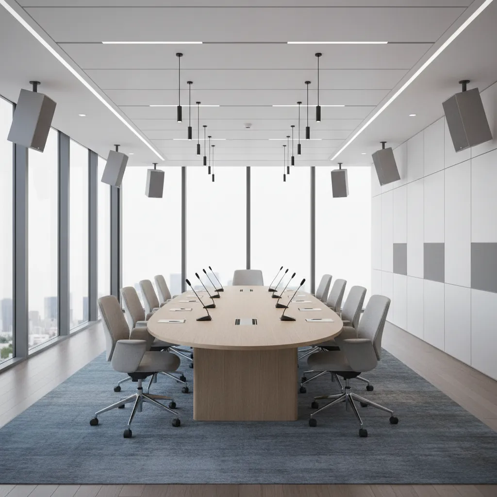 diagram style conference room showing proper speaker and microphone placement