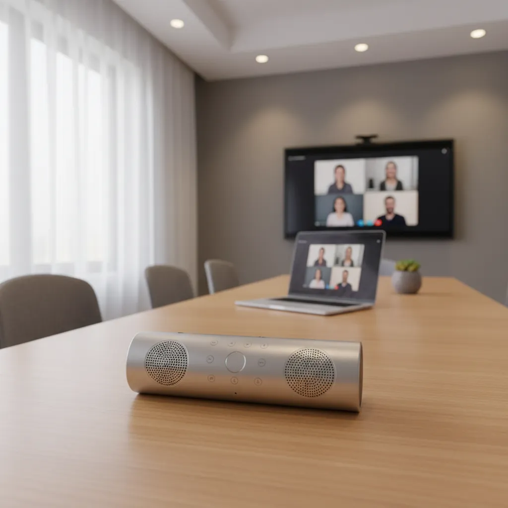 Close view of conference speakerphone on meeting table during video meeting
