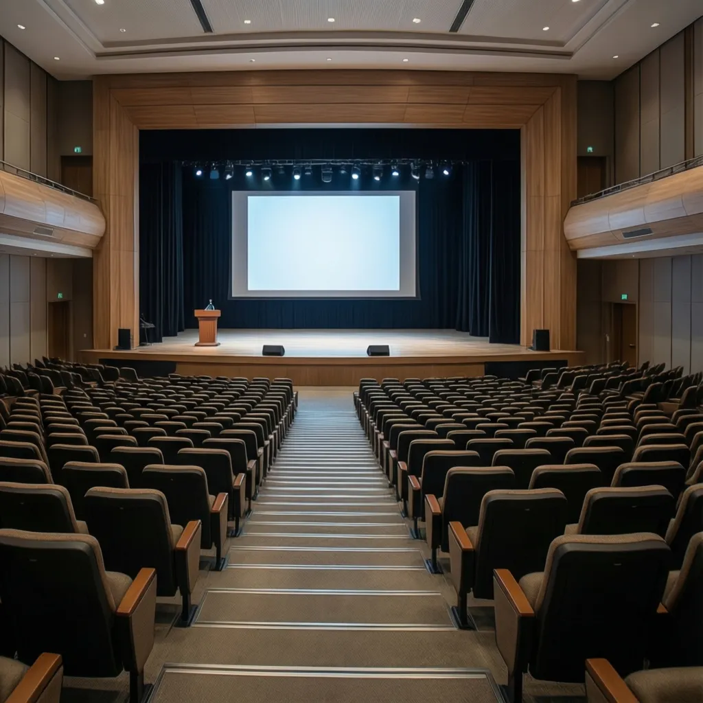 Conference stage with elevated platform and tiered seating improving visibility