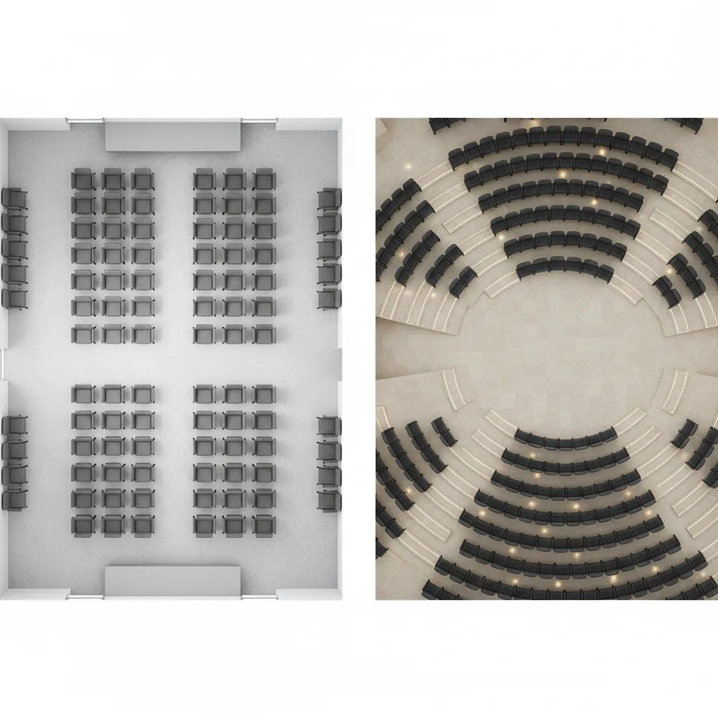 visual comparison of conference hall flat seating layout and auditorium tiered seating