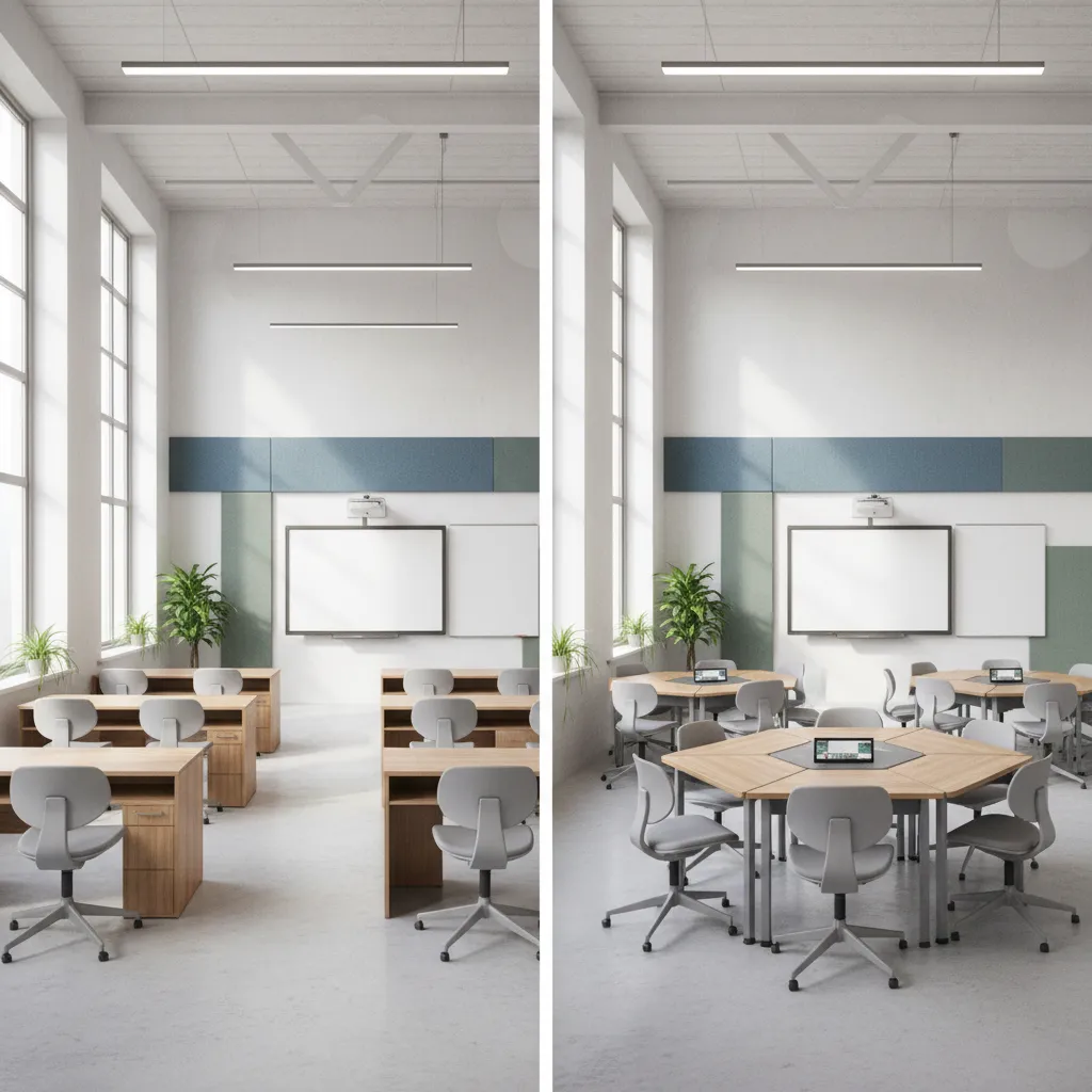 Diferentes configuraciones de mesas en un aula escolar