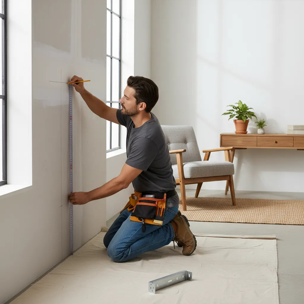 Marking stud positions on wall before mounting heavy shelf