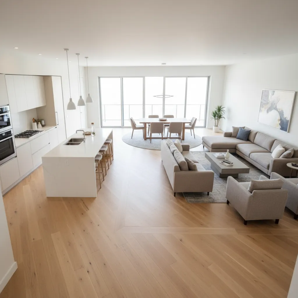 open plan interior with different hardwood floor directions between rooms
