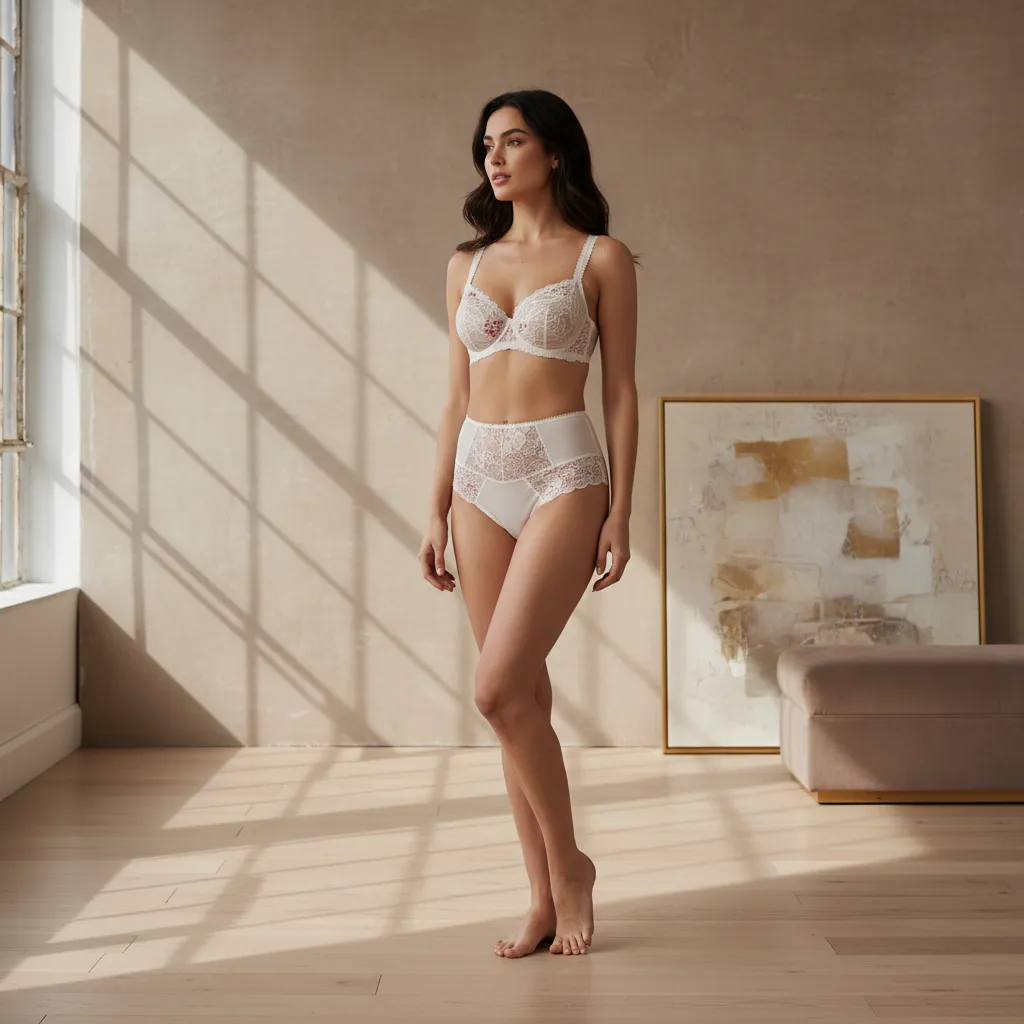 Conjunto elegante de lencería femenina con encaje y transparencias