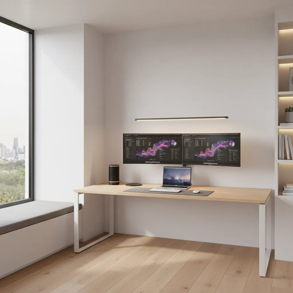 Smart home office with connected devices including laptop, smart speaker and smart lighting