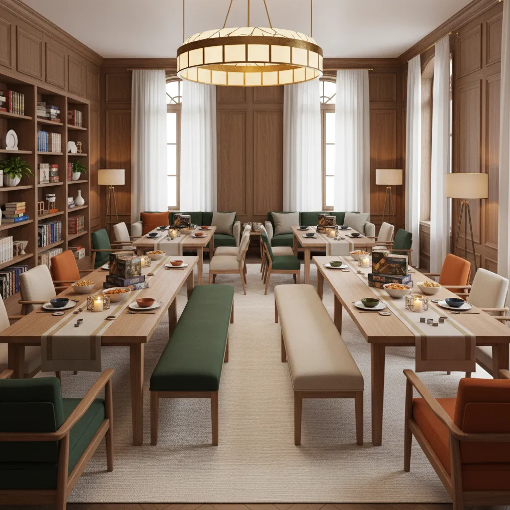 Living room with consistent board game night theme decorations and organized tables