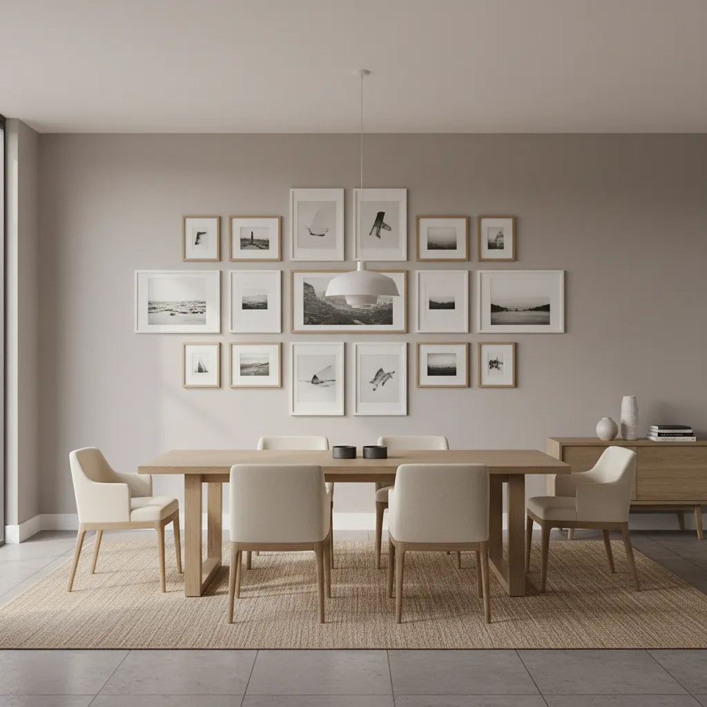 Gallery wall with consistent spacing between frames in dining room