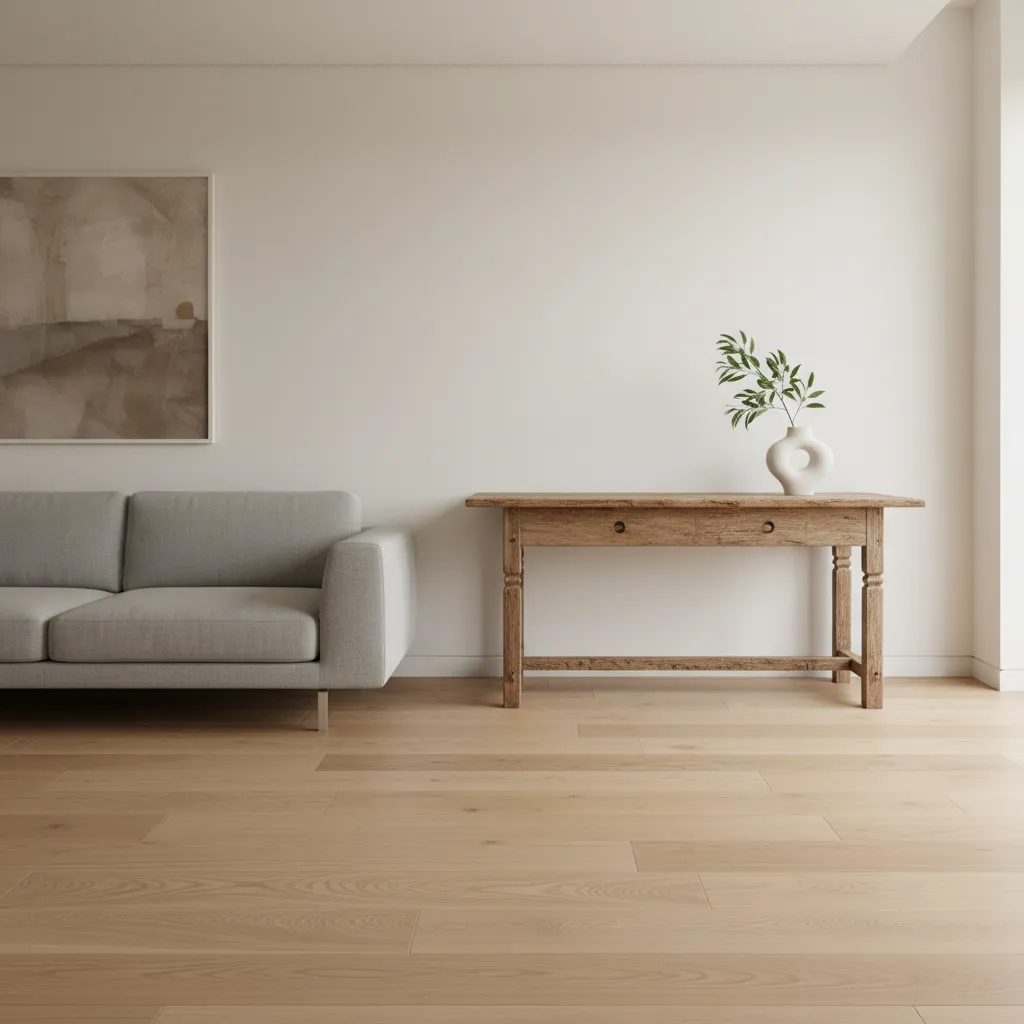 Minimalist room with light wood flooring grey sofa wooden table and white vase with plant