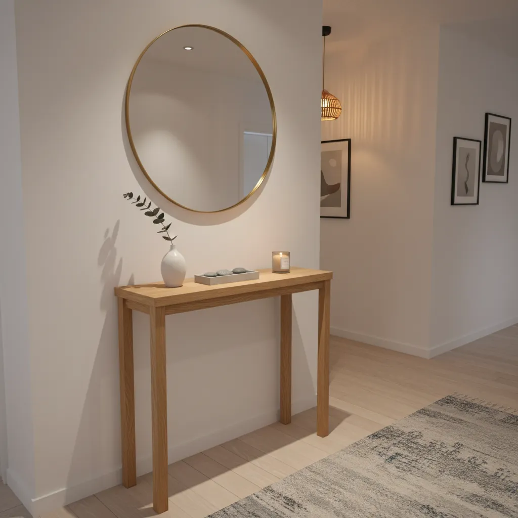 Consola estrecha con decoración minimalista en pasillo pequeño