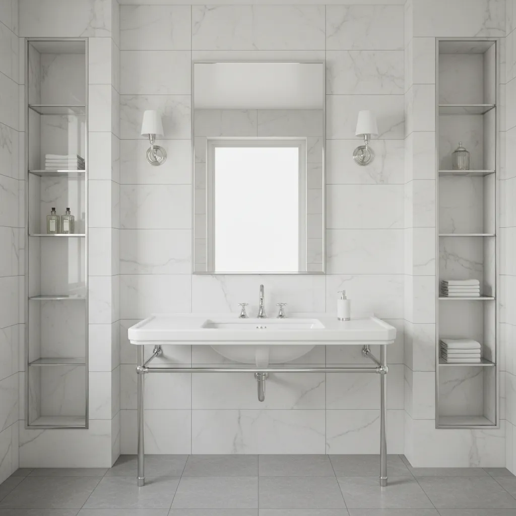 classic bathroom with elegant console sink and metal legs