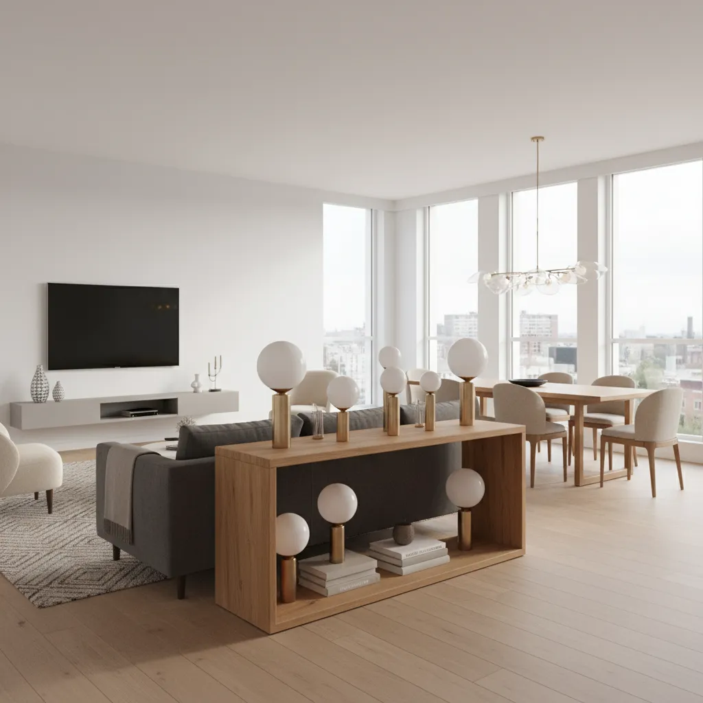 Console table behind sofa subtly dividing open living room space