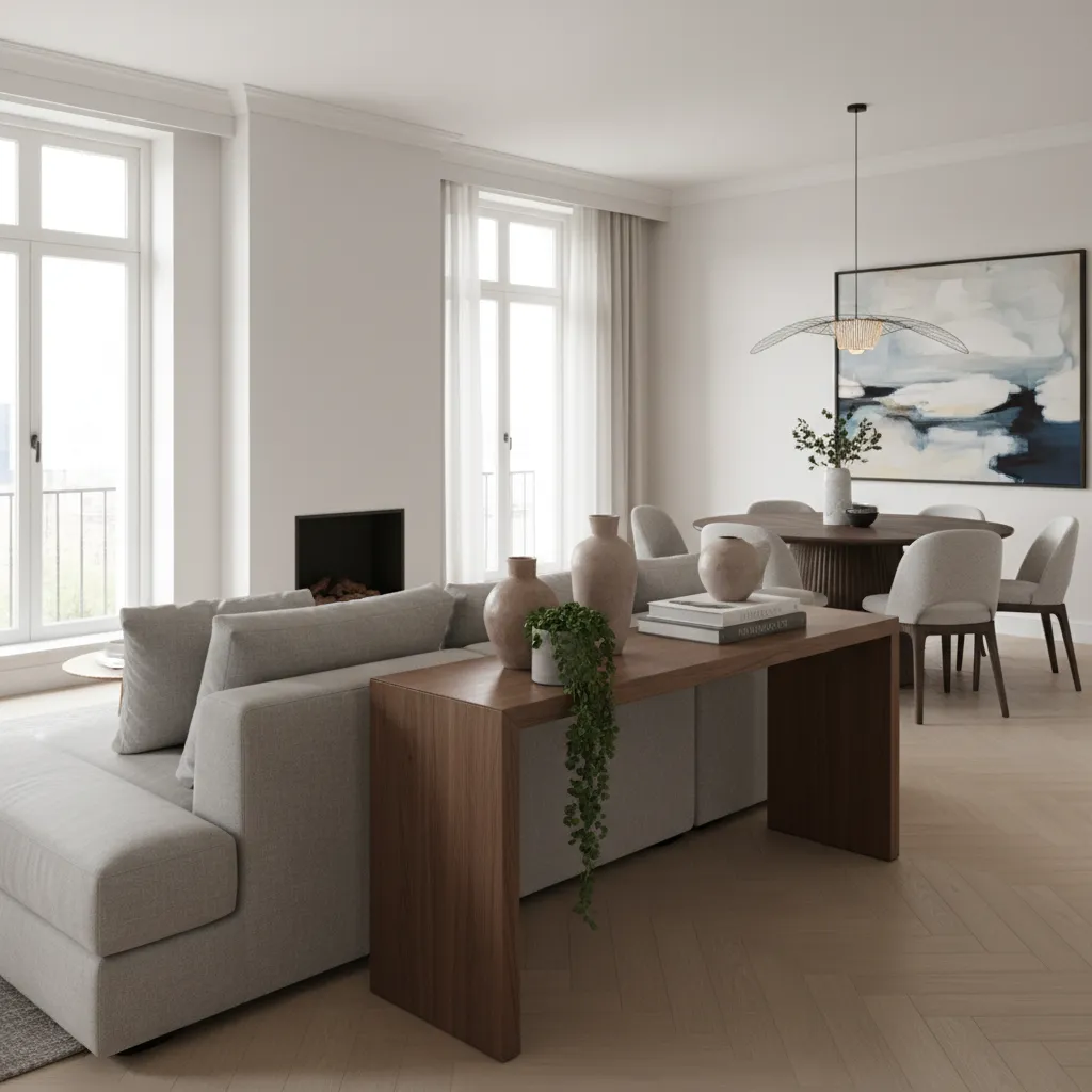 Console table behind sofa creating subtle separation from dining space