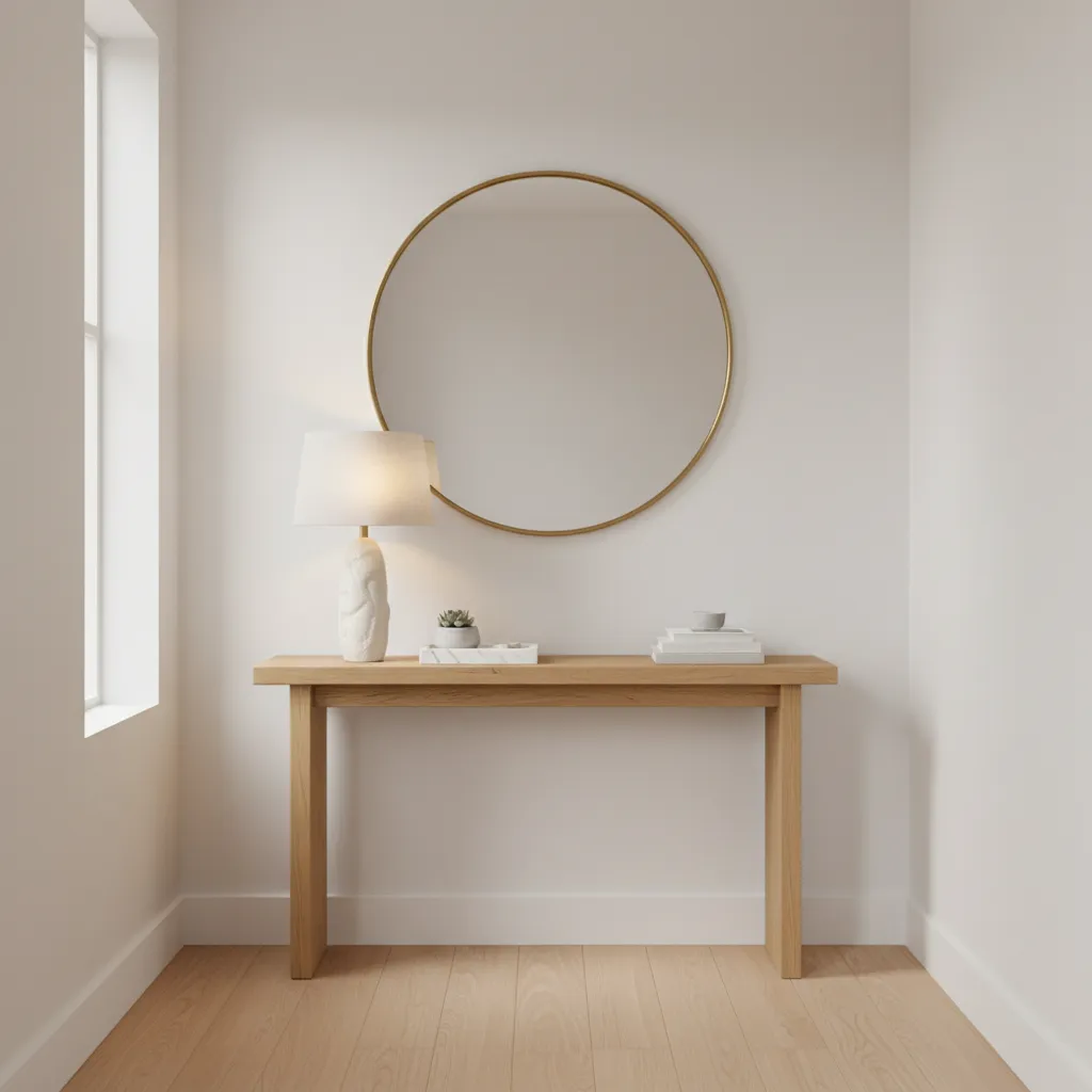 Slim console table with mirror and lamp in a minimalist entryway