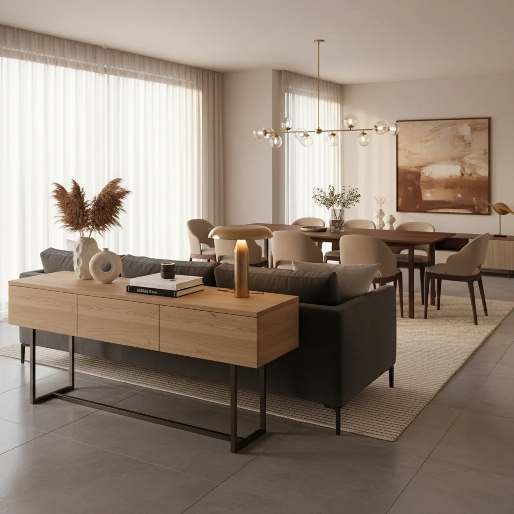 Console table behind sofa separating living and dining spaces