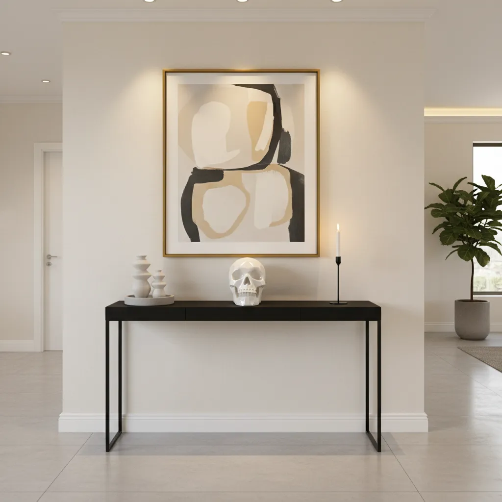 Entryway console table featuring a decorative skull sculpture with modern art