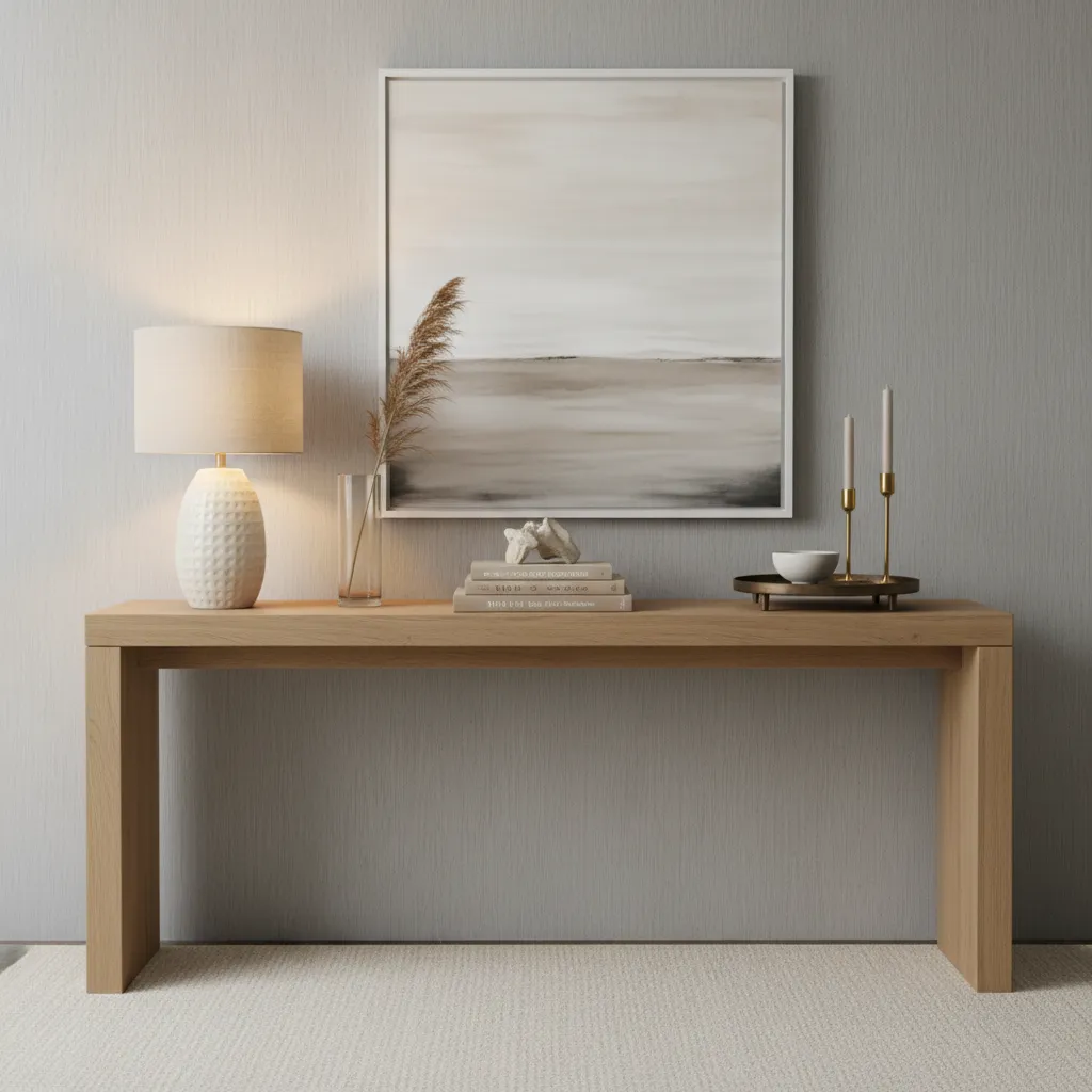 Styled console table with layered decor including lamp vase and books