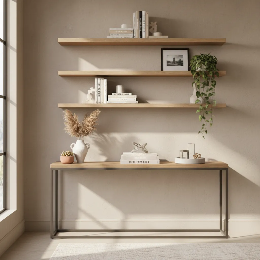Console table with floating shelves above for vertical storage