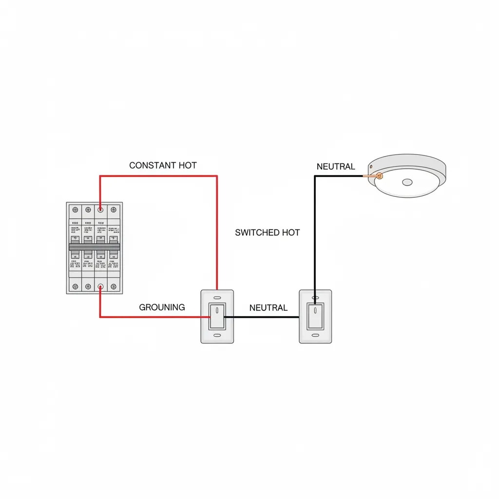 Simplified diagram showing constant hot wire and switched hot wire in a lighting circuit
