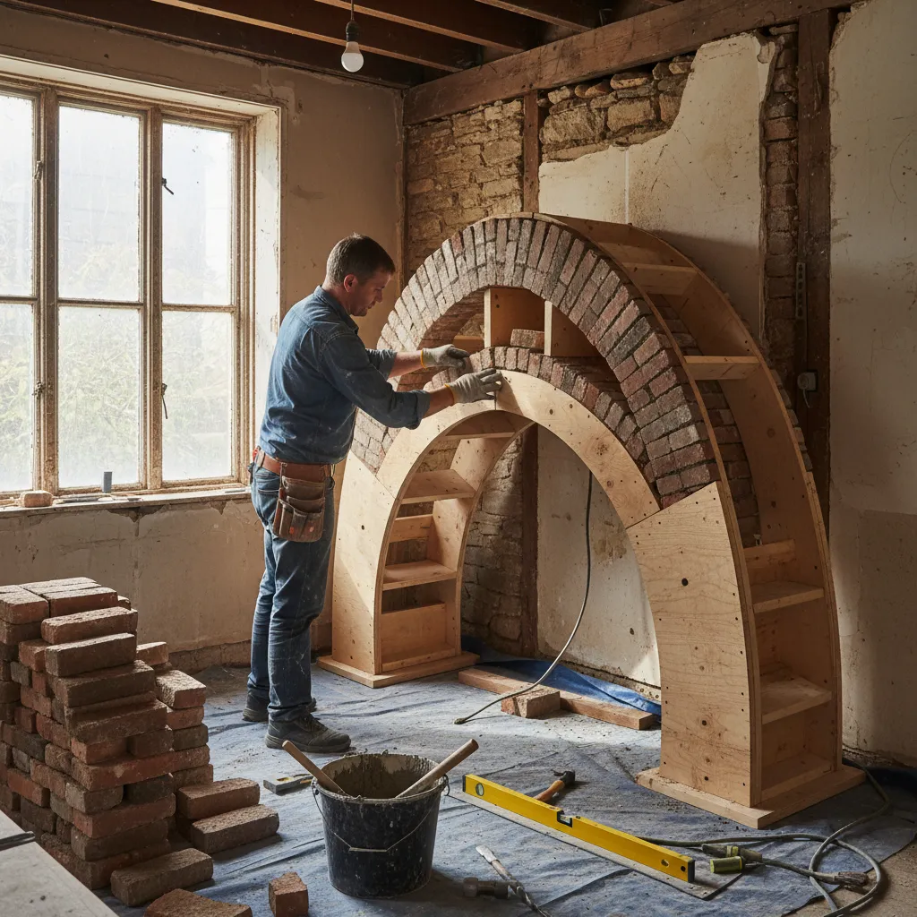 Proceso de construcción de un arco de ladrillo interior