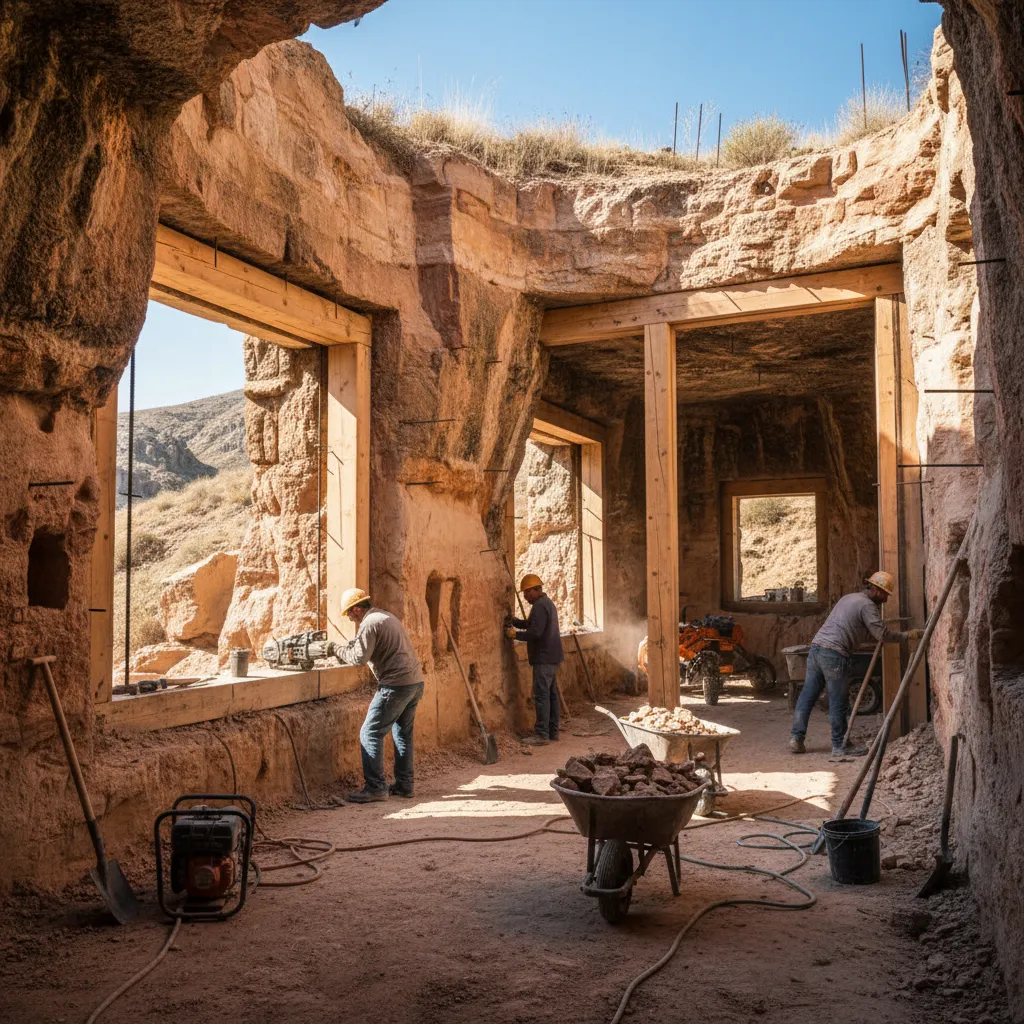 Proceso de excavación y refuerzo estructural de casa cueva