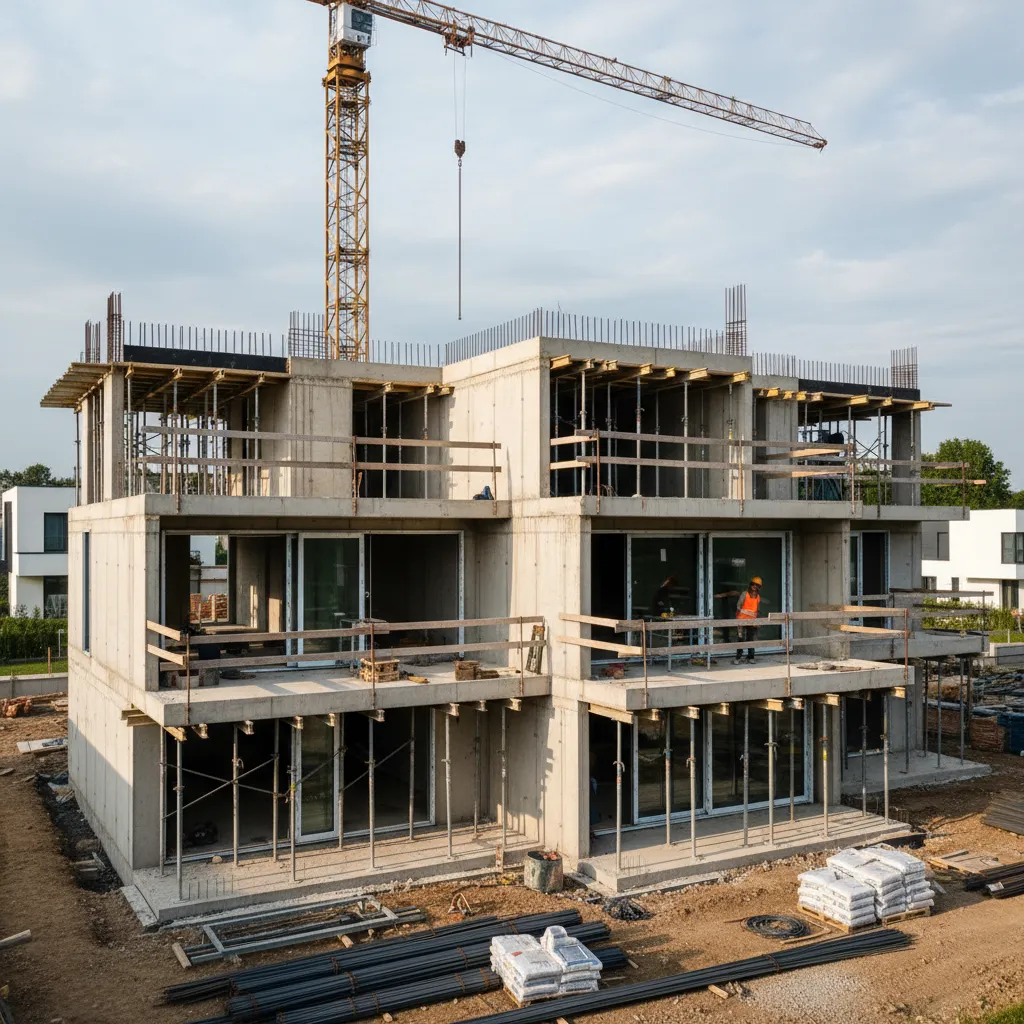 Concrete house under construction with a yellow crane building floors and piles of building materials