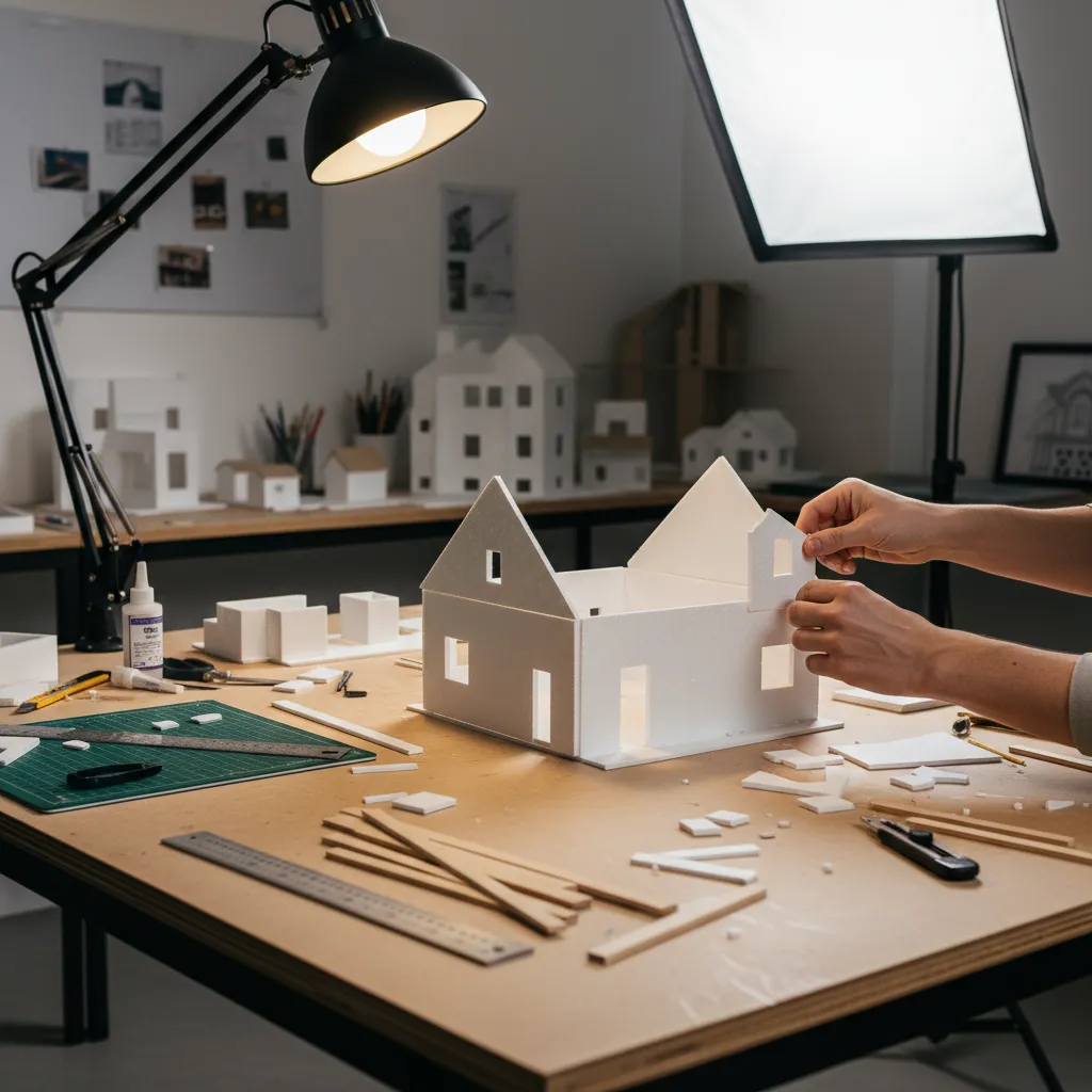 Proceso de construcción de una maqueta de casa con paredes en cartón pluma