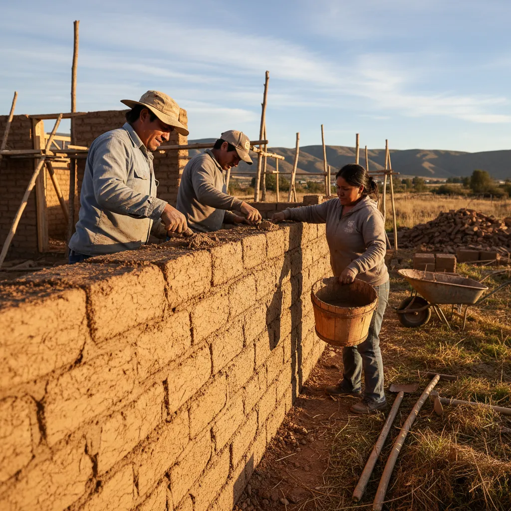 Proceso de construcción de muros de adobe en una vivienda