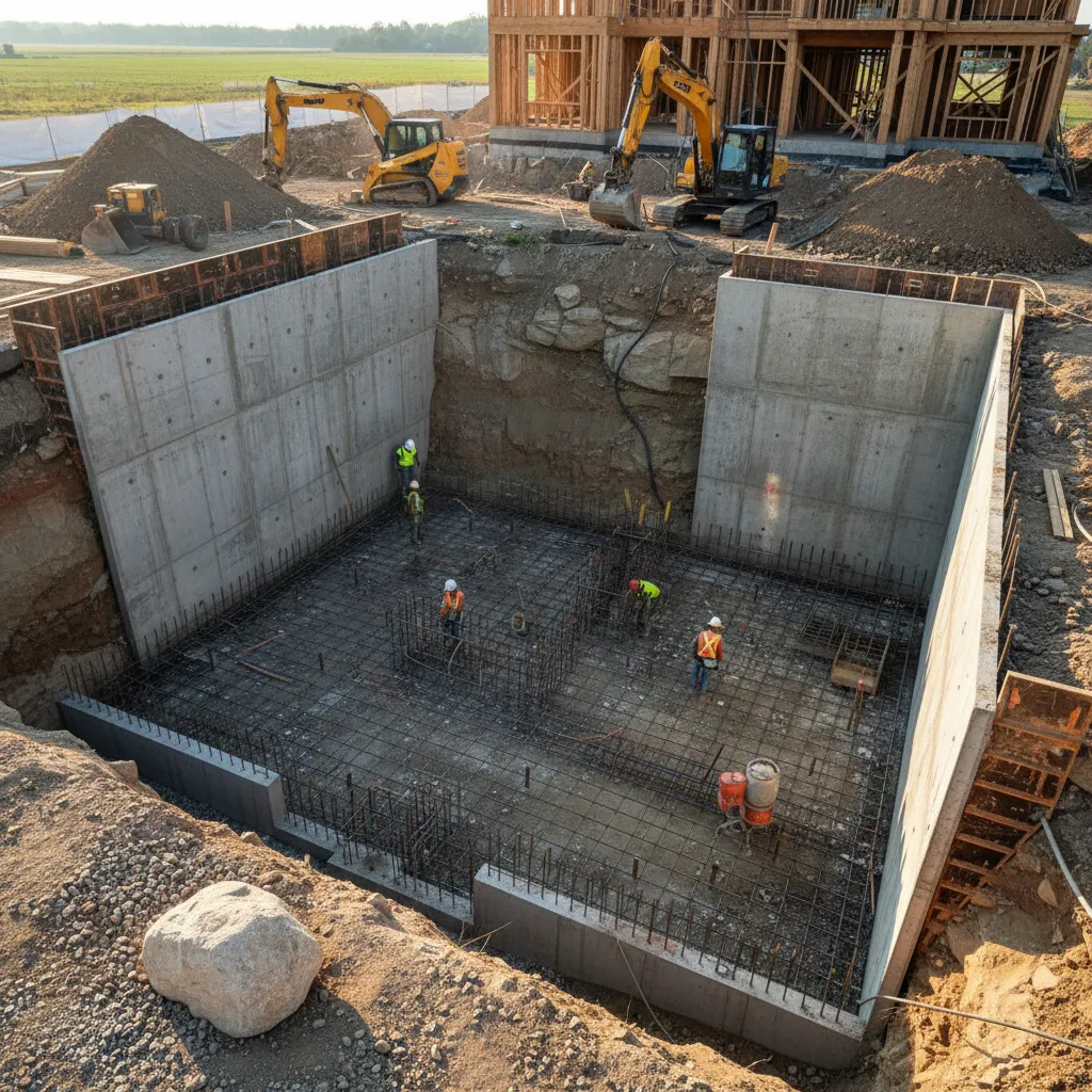 Proceso de excavación y estructura de un sótano residencial