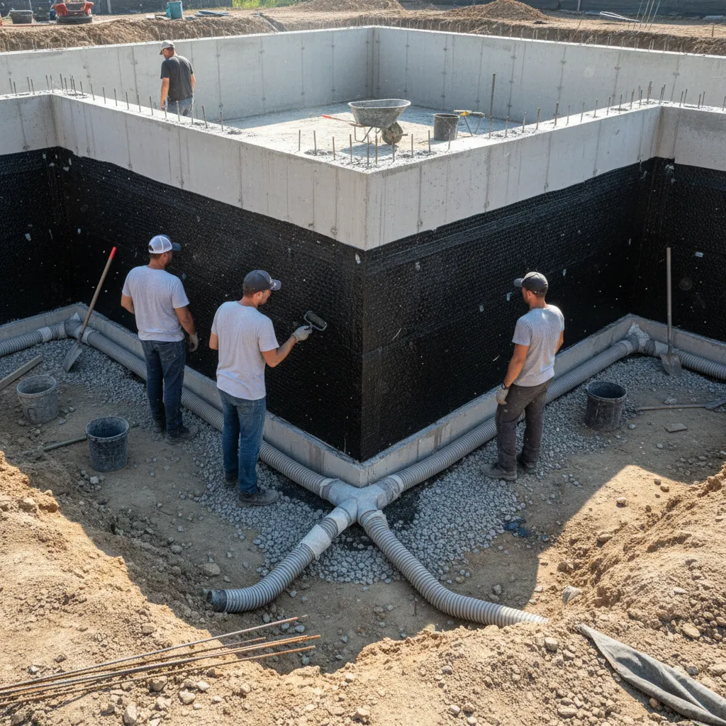 Estructura de sótano en construcción mostrando impermeabilización y drenaje