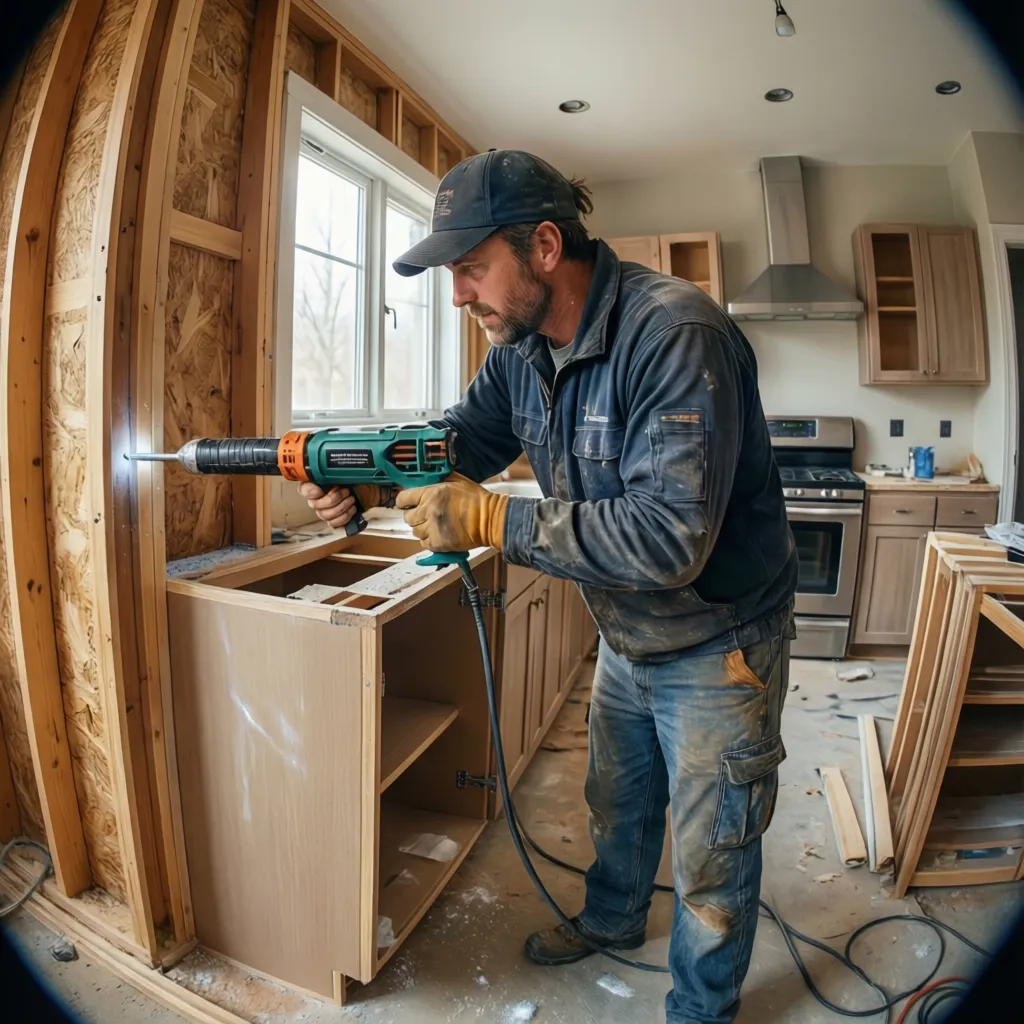 construction adhesive applied when mounting kitchen cabinets to wall
