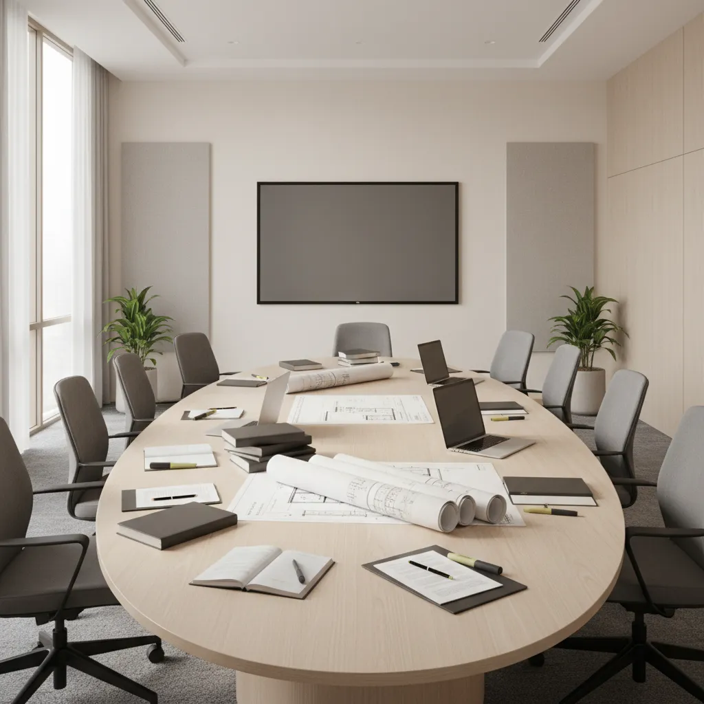 arbitration hearing room with construction documents and project drawings