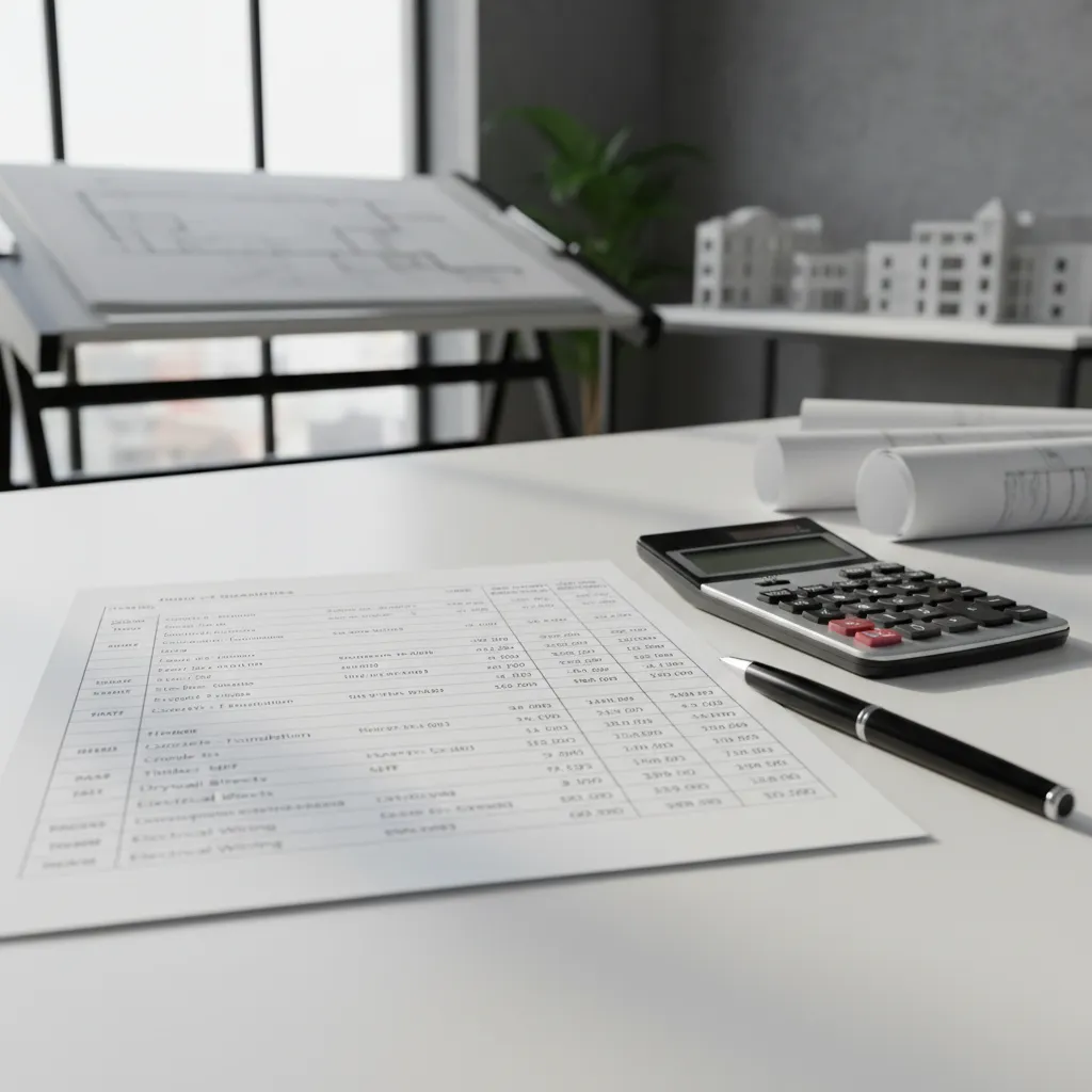 Bill of quantities document with building material categories and cost columns