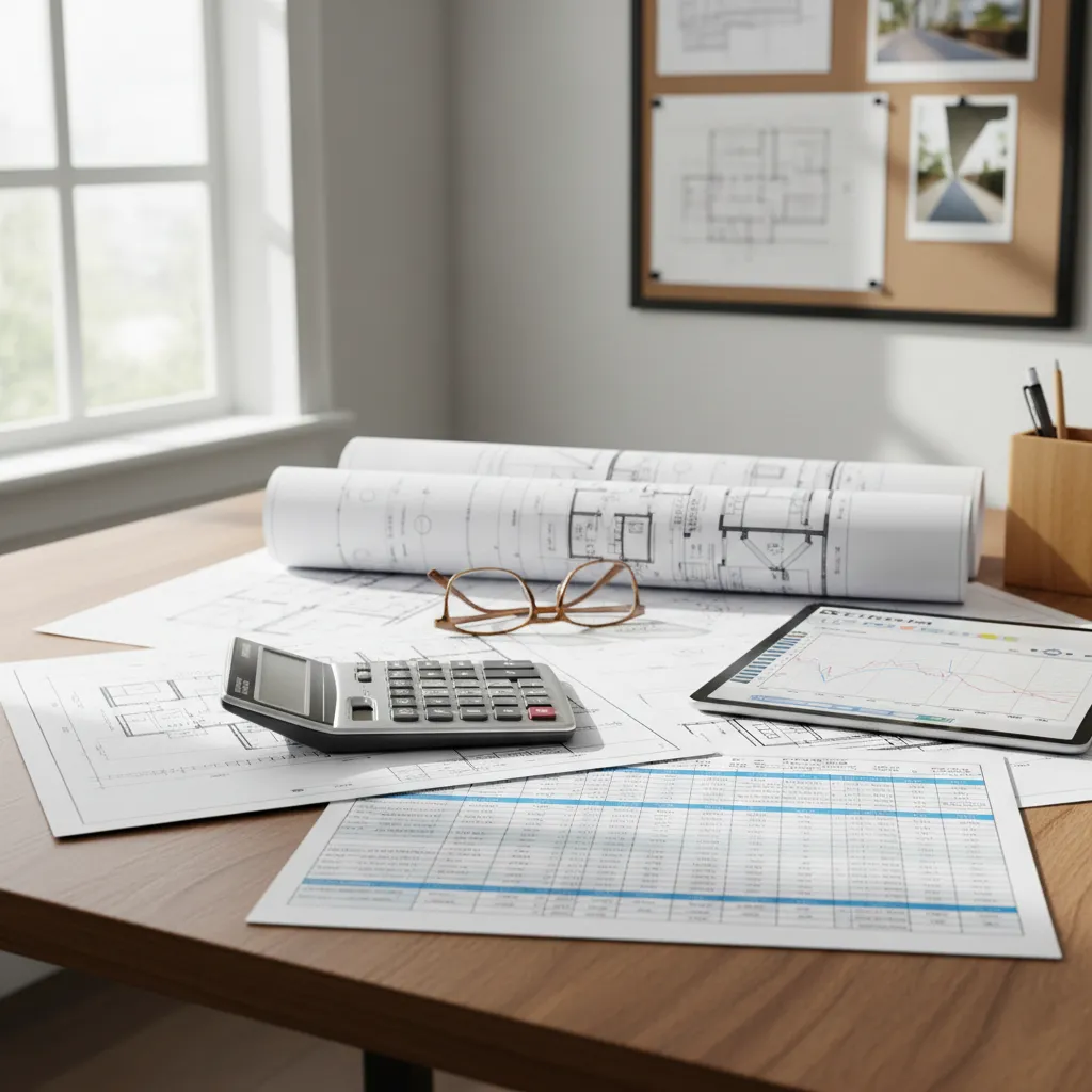 financial planning documents and calculator for home construction budget buffer