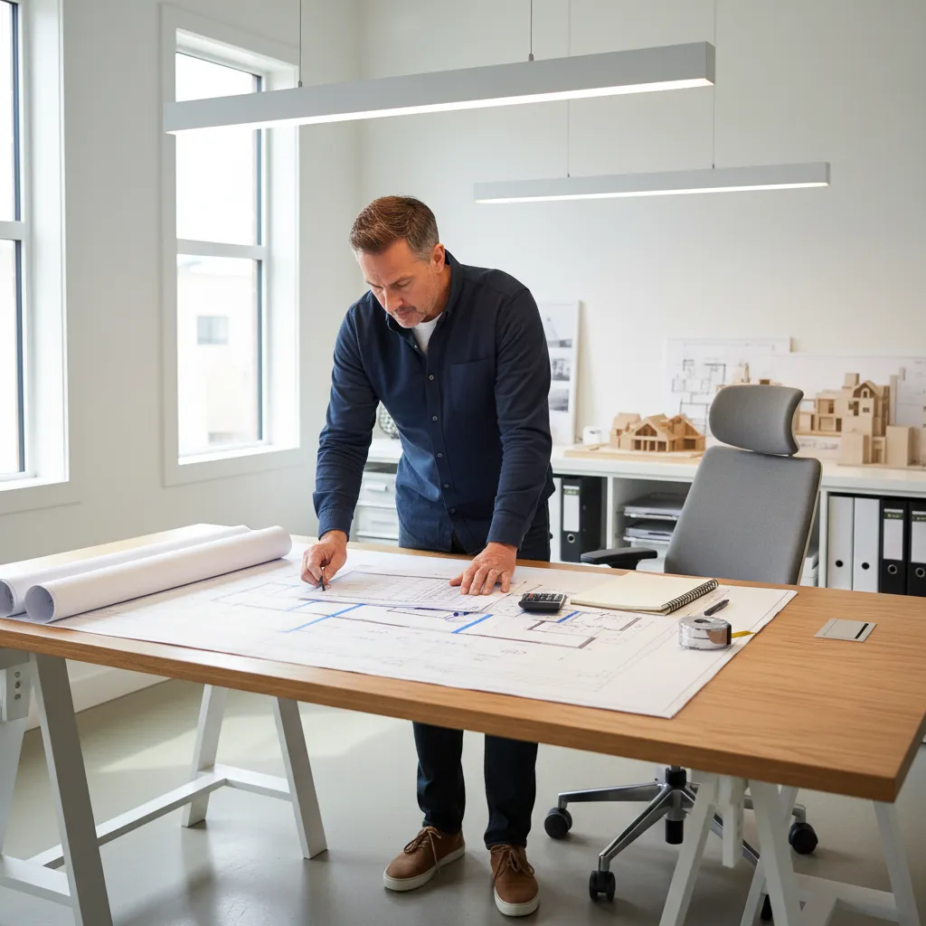 Homeowner reviewing construction budget checklist with house plans and notes