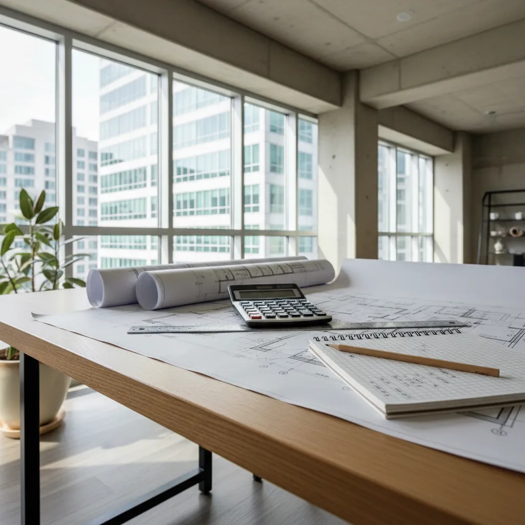 construction budget planning with blueprints calculator and material cost notes