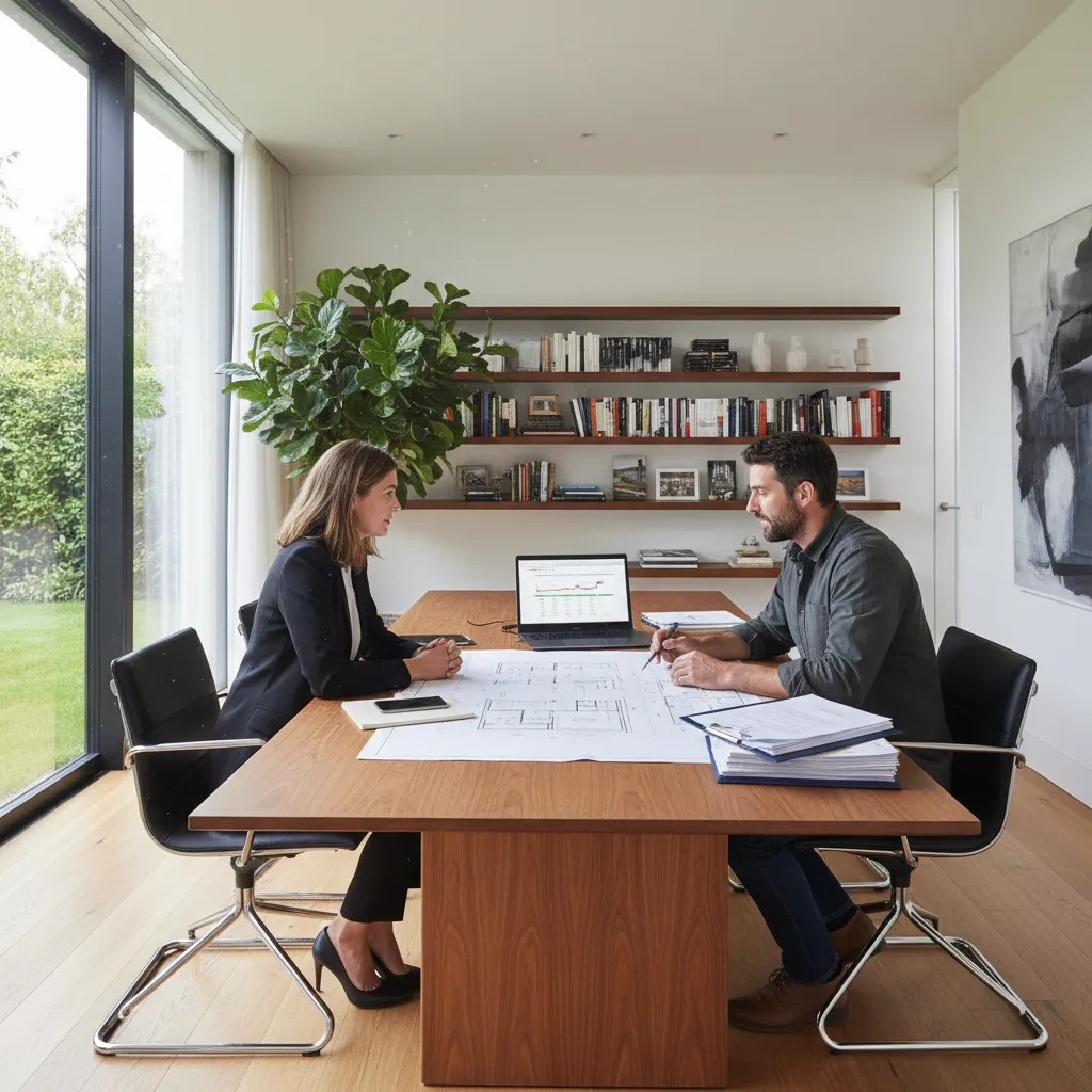 contractor and homeowner reviewing renovation contract and blueprints