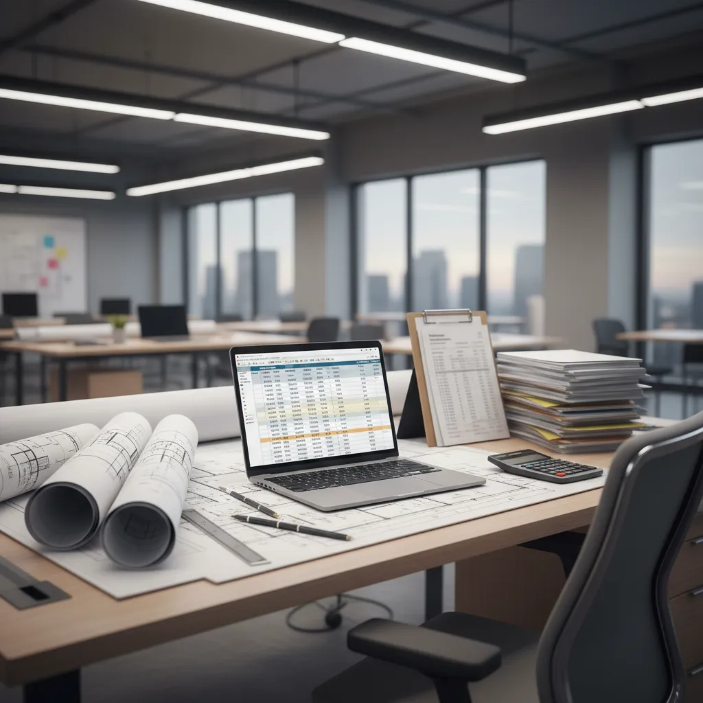 construction estimator analyzing building material cost data and project documents