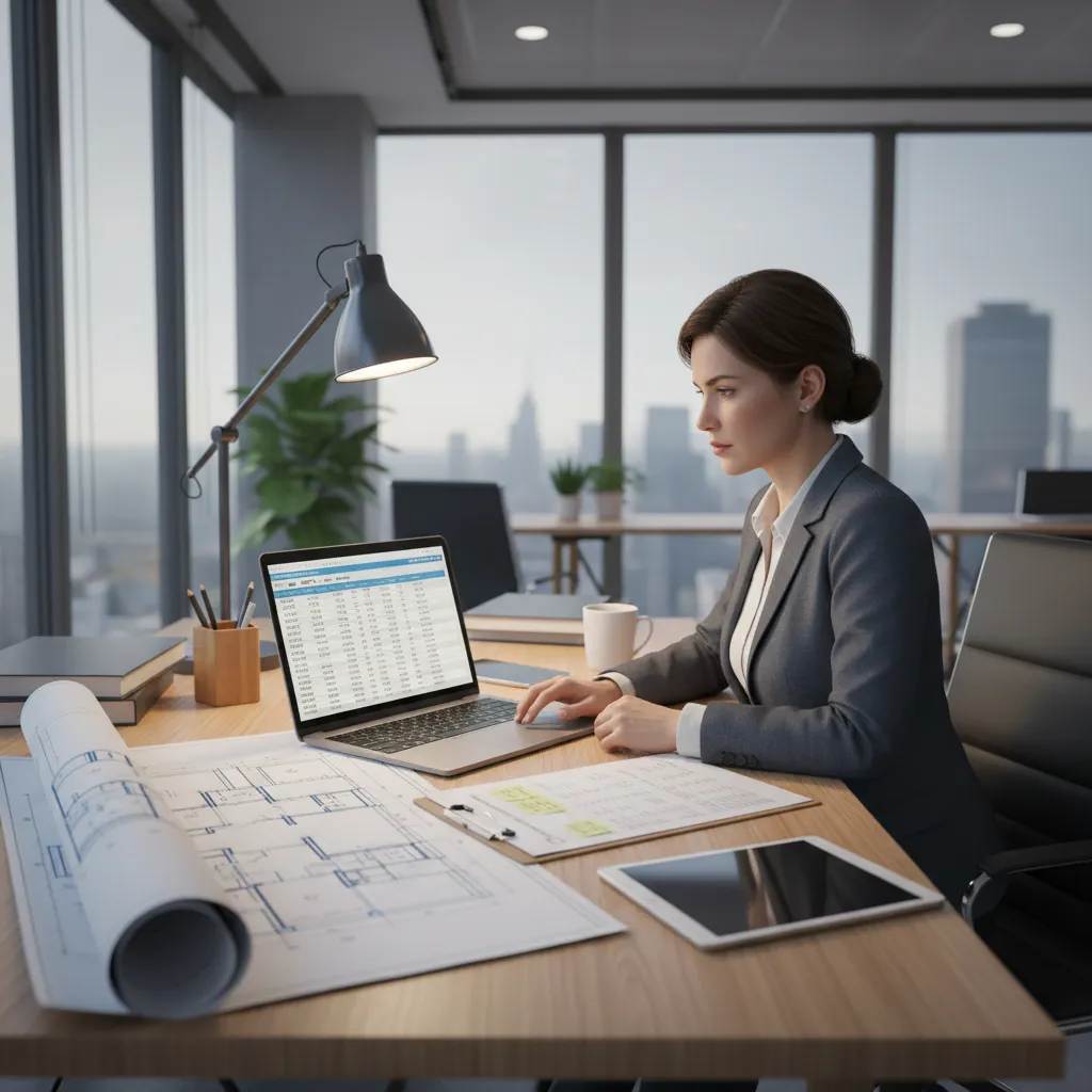 Construction estimator reviewing checklist and material cost spreadsheet on laptop