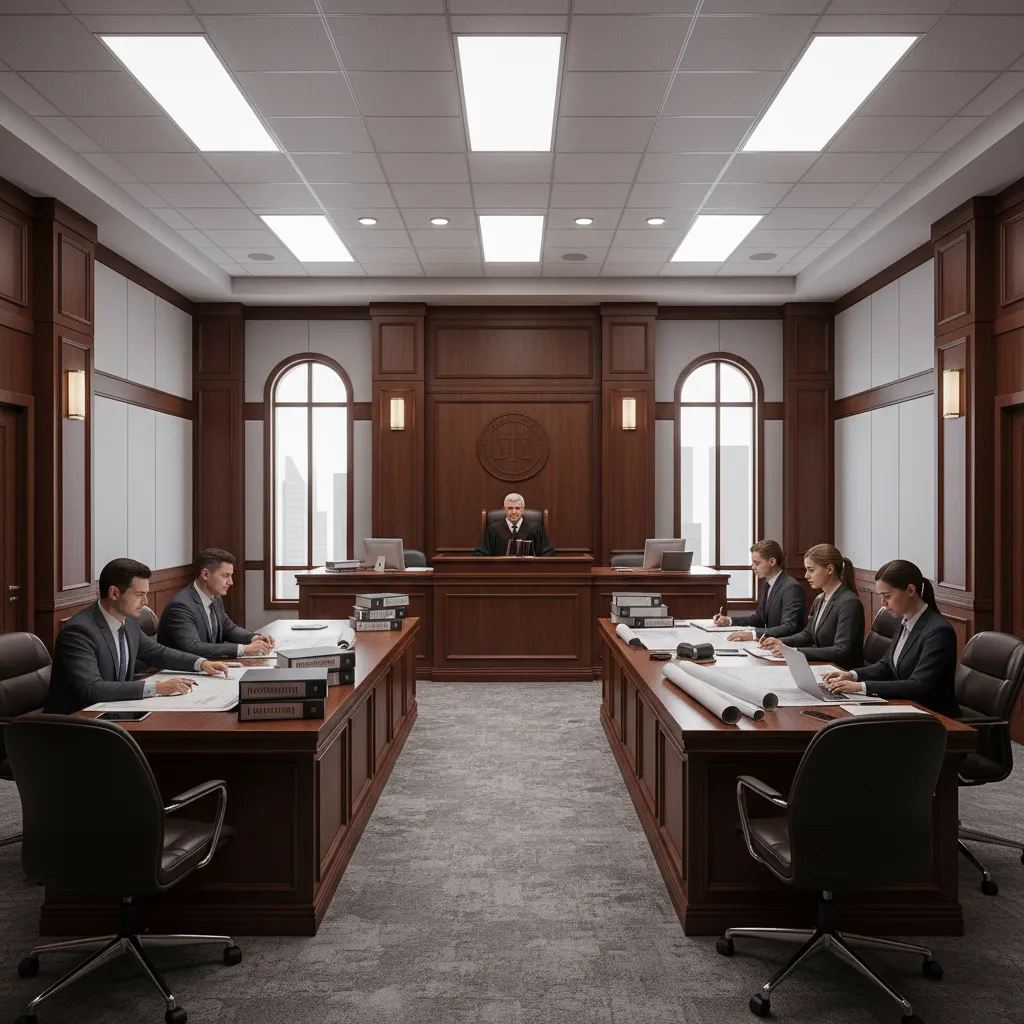 Courtroom hearing involving construction dispute documents