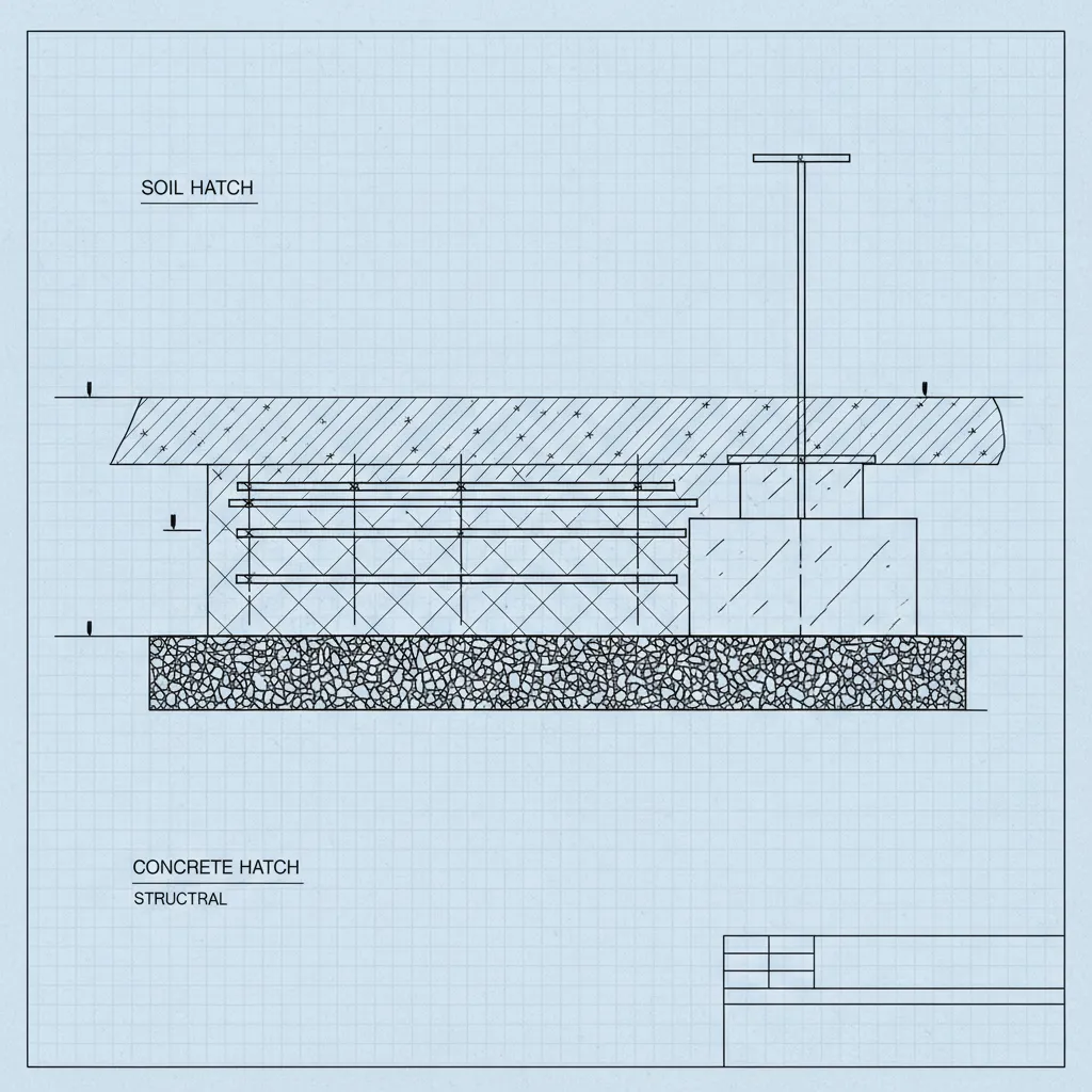 Construction detail drawing showing foundation section with soil and concrete hatch patterns