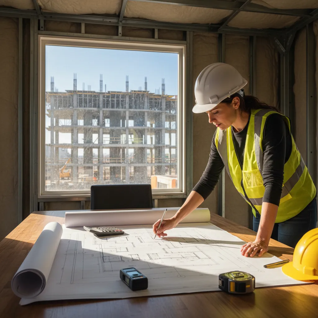 Builder reviewing construction plans and estimating building floor area