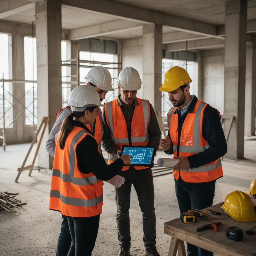 Construction team reviewing annotated floor plan screenshot on tablet
