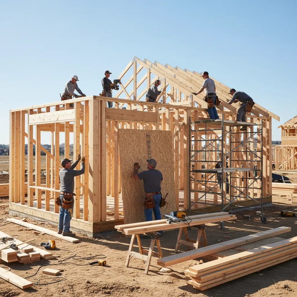 Construction framing crew working on residential home structure