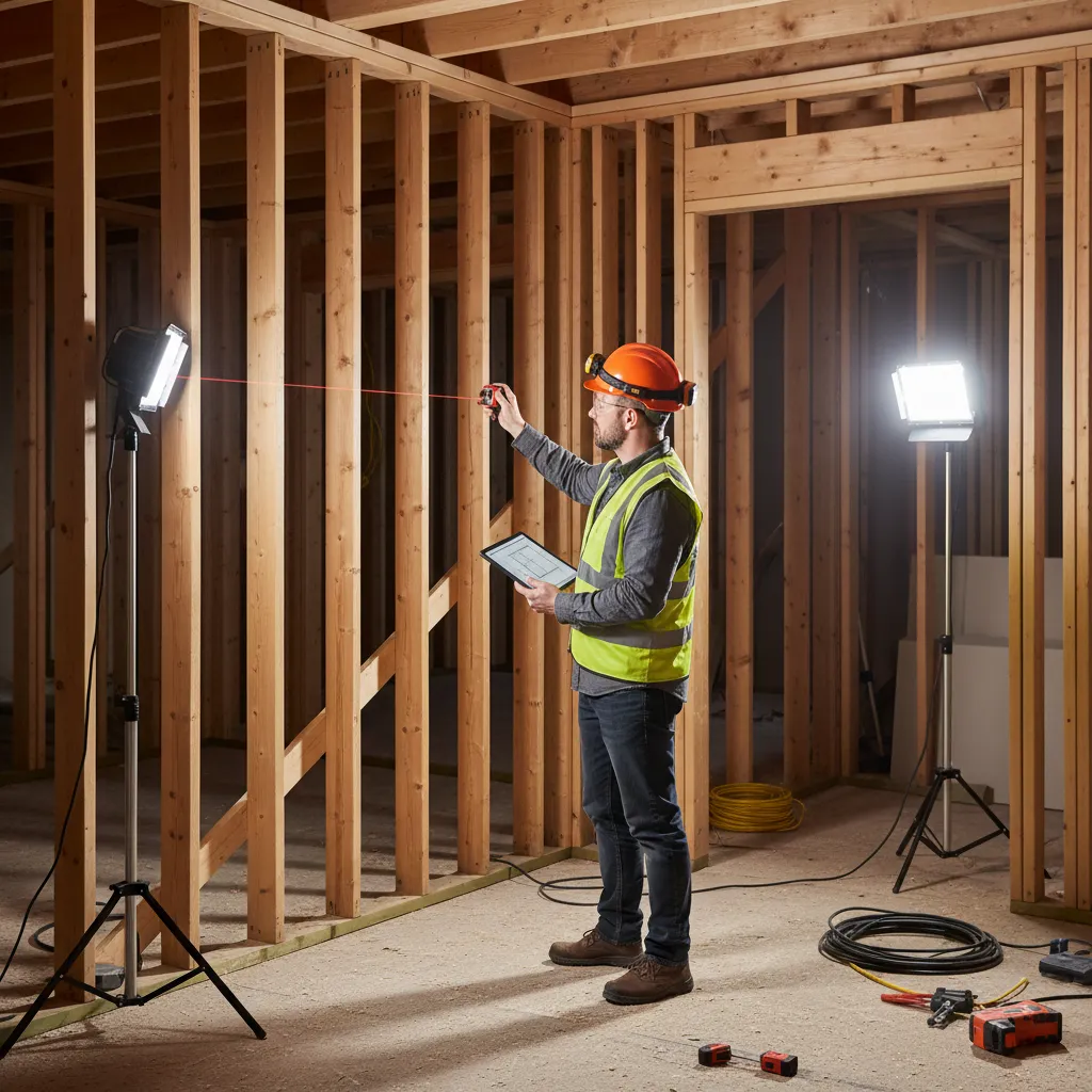 Construction professional verifying wall measurements with a laser tool