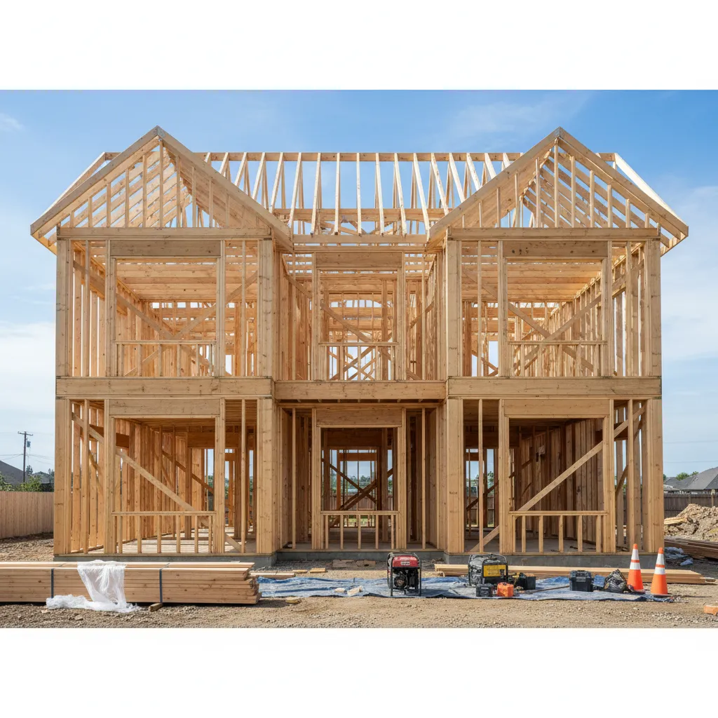 residential house framing showing materials used in mid size home construction