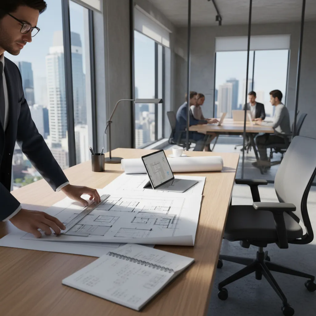 Construction professional reviewing building plans and material quantities on a desk