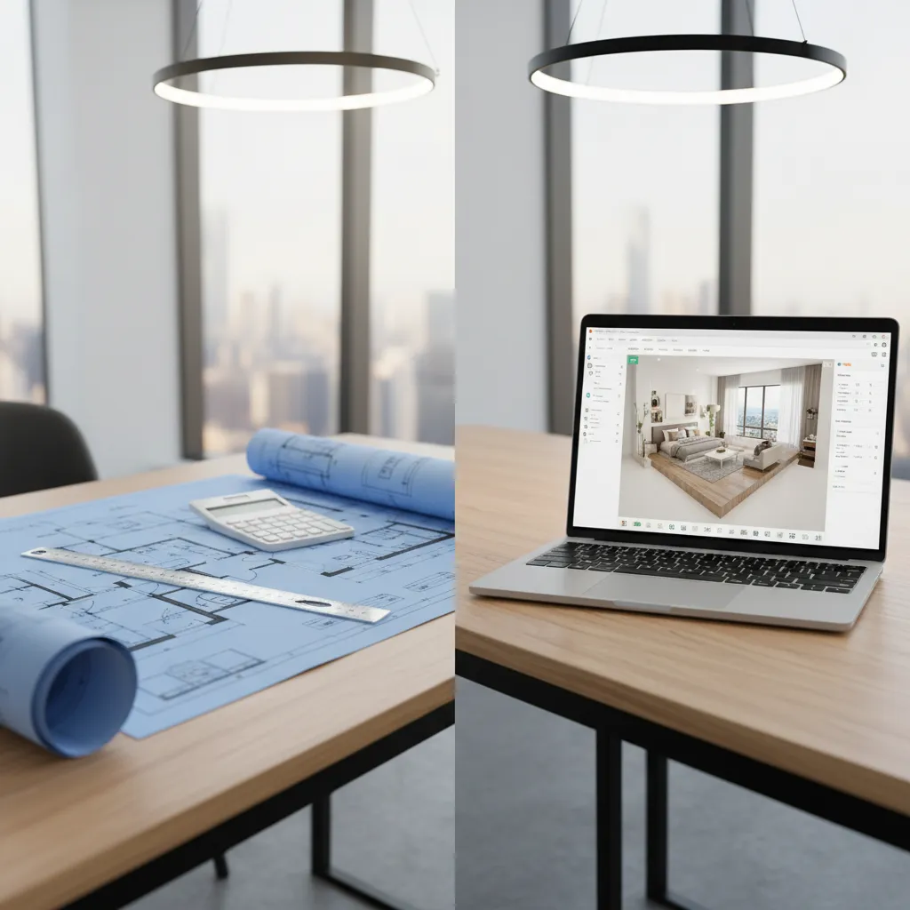 side by side comparison of manual blueprint takeoff and digital estimating software