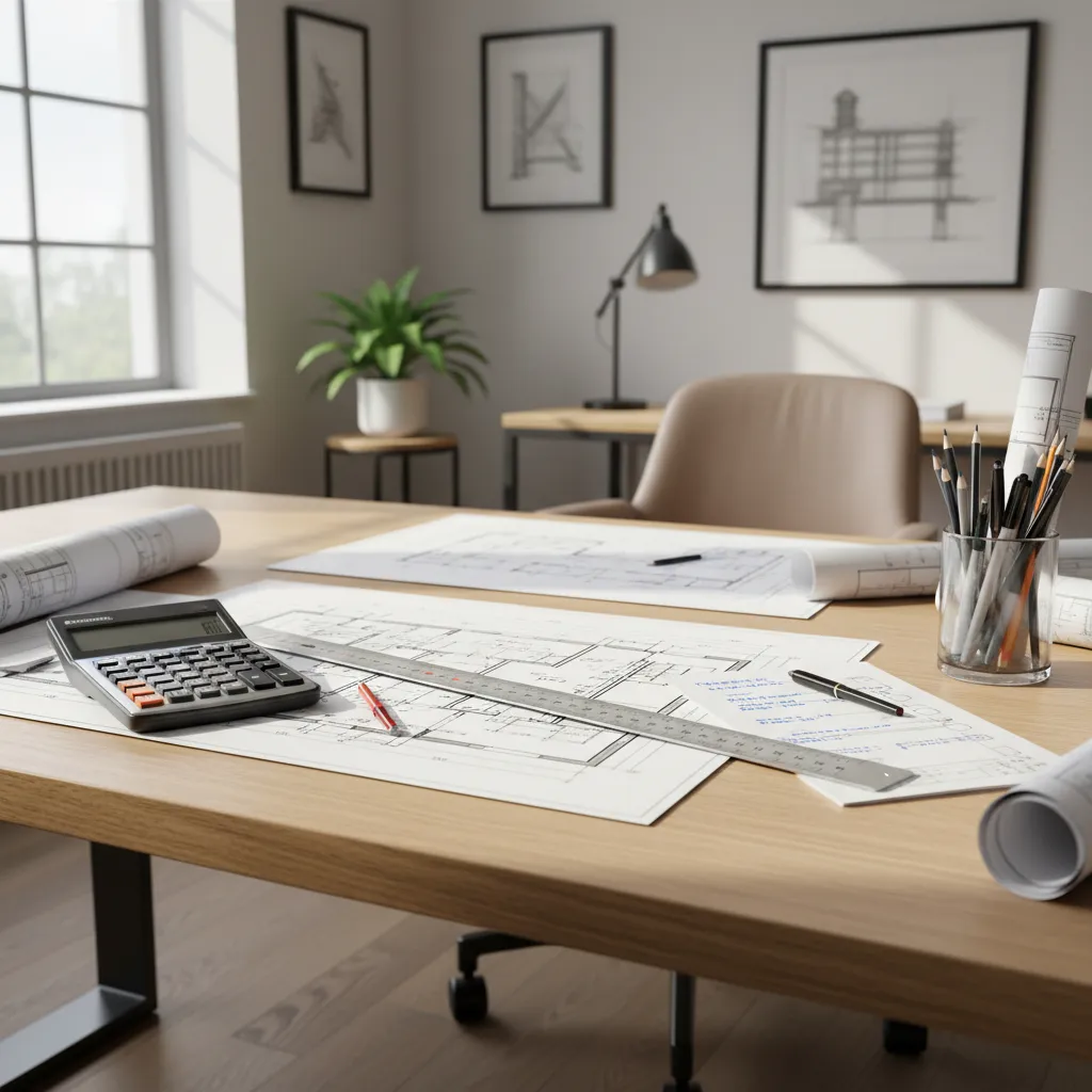 Architectural plans and construction material estimation documents on a desk