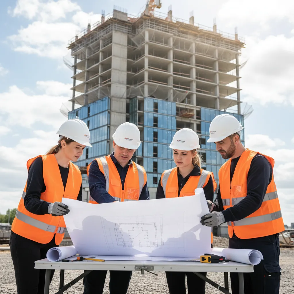 Construction team reviewing material plans at a building site