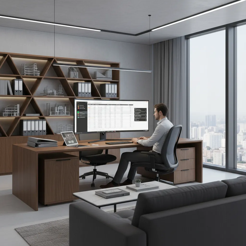 contractor reviewing internal construction material price database with project documents